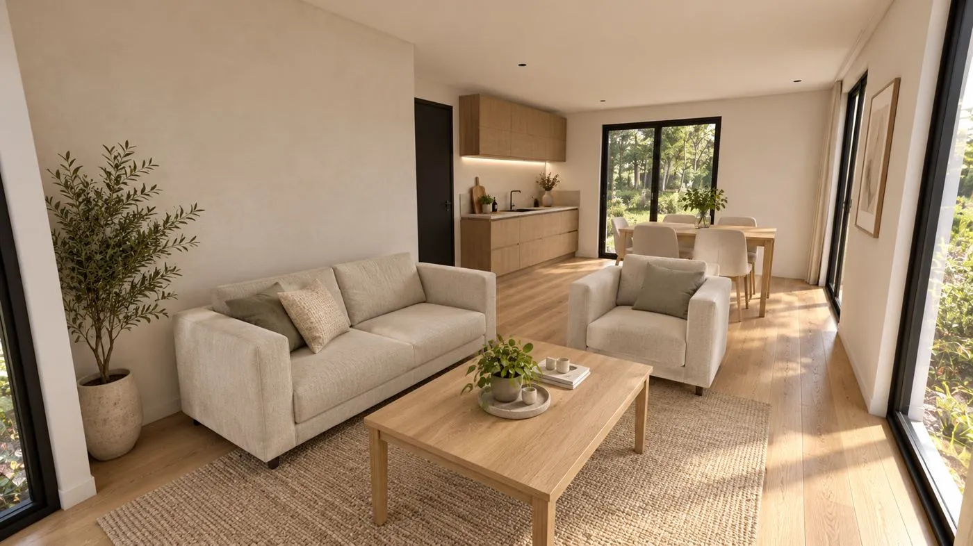 Een lichte woonkamer met bank, fauteuil, eettafel en open keuken, met uitzicht op de tuin