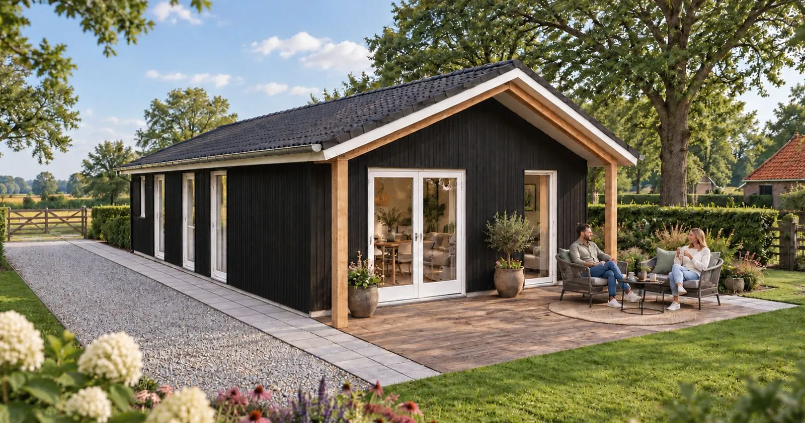Een zwarte woning met houten overkapping en wit kozijnwerk op een terras in een groene Twentse tuin